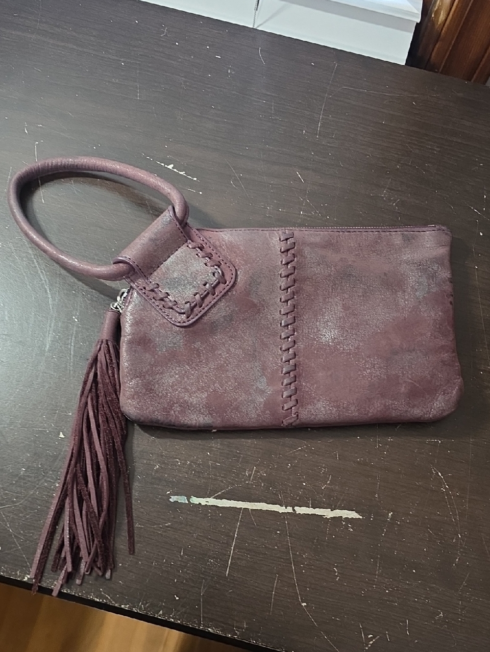 HOBO Plum Suede Wristlet with Tassel Handle
